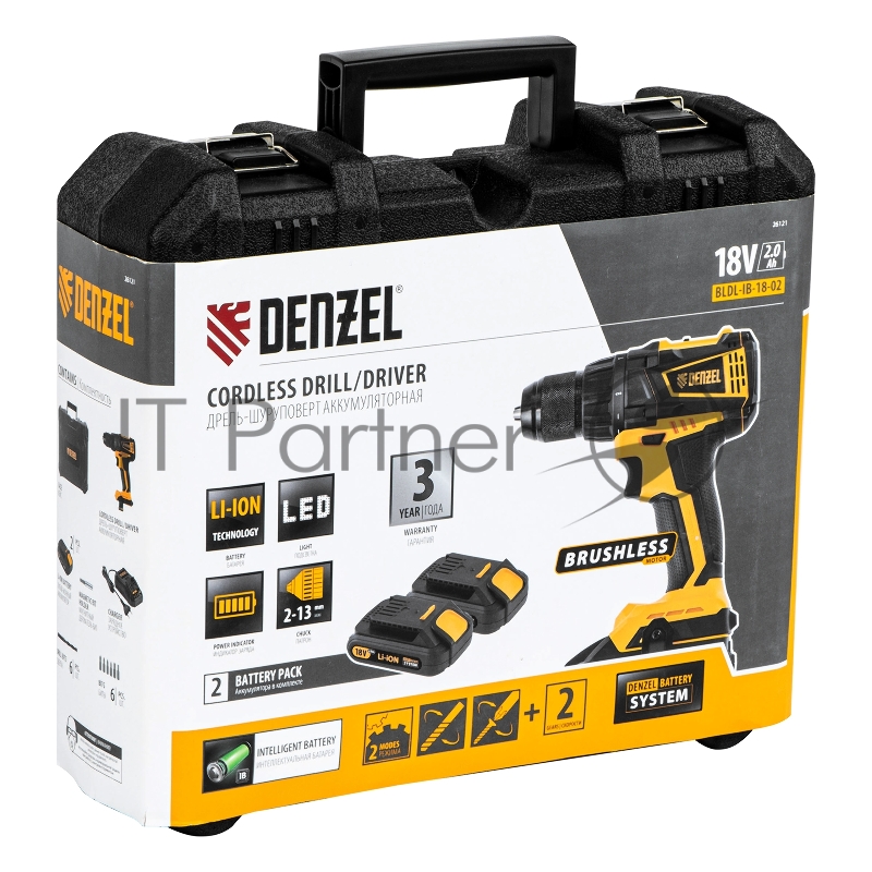 Дрель-шуруповерт аккумуляторная бесщет DENZEL BLDL-IB-18-02 Li-Ion 18 В 15 Ач 2 акк 26121