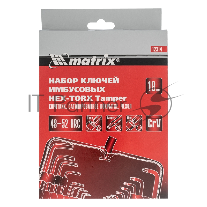 Набор ключей имбусовых MATRIX HEX-TORX, 18 шт: HEX 1,5–10 мм, T10-T50, CrV, короткие, сатин. 12314