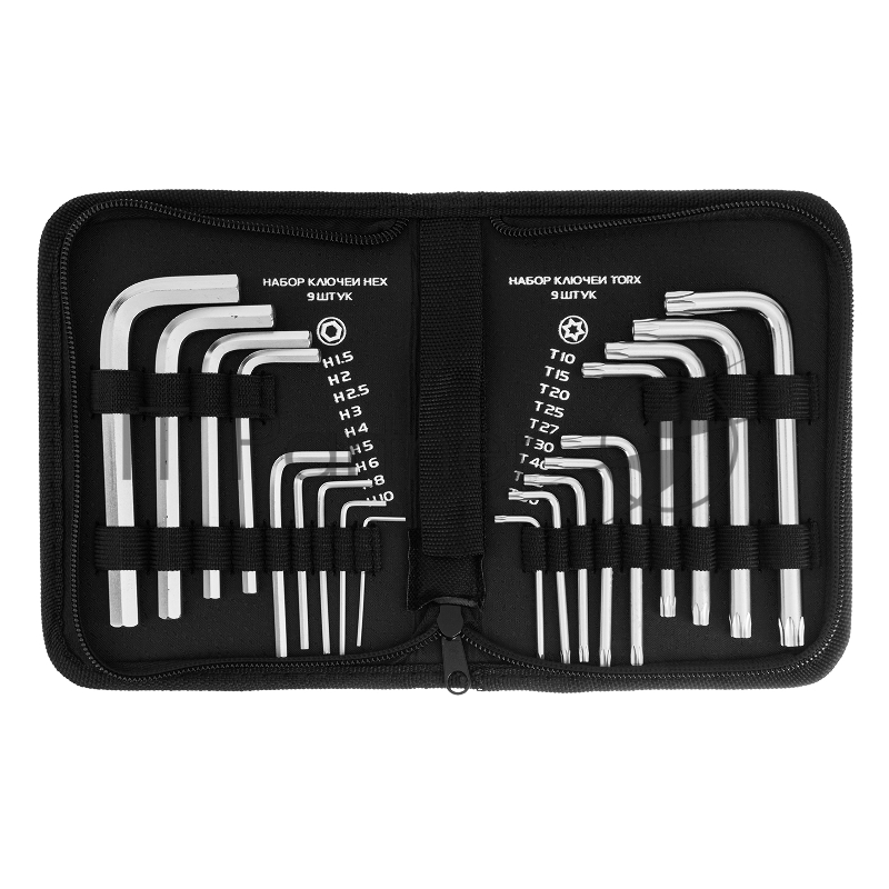 Набор ключей имбусовых MATRIX HEX-TORX, 18 шт: HEX 1,5–10 мм, T10-T50, CrV, короткие, сатин. 12314