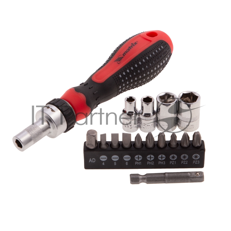 Отвёртка реверсивная MATRIX 11332 с набором бит и насадок торцевых, CrV,1/4, 16шт