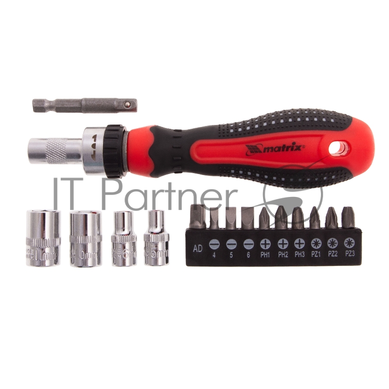 Отвёртка реверсивная MATRIX 11332 с набором бит и насадок торцевых, CrV,1/4, 16шт