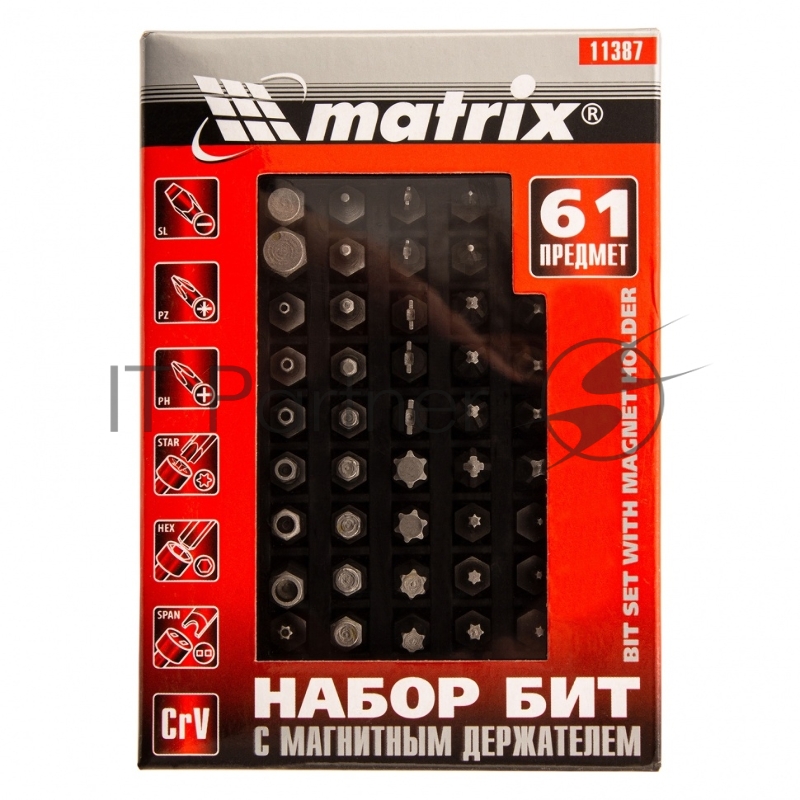 Набор бит с магнитным держателем MATRIX 11387, CrV, 61шт