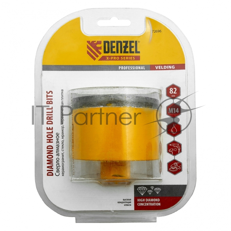 Сверло алмазное по керамограниту DENZEL 82мм мокрое резание, М14 72696