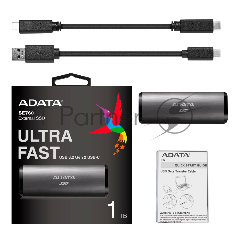 Накопитель внешний 1.8 1TB ADATA SE760 Titan-Gray External SSD ASE760-1TU32G2-CTI USB 3.2 Gen 2 Type-C, 1000R, USB 3.2 Type-C to C cable,USB 3.2 Type-C to A cable, Quick Start Guide, RTL