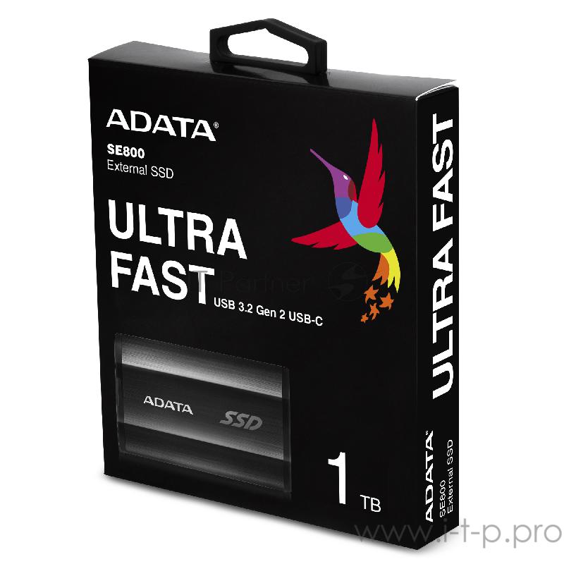 Накопитель внешний 1.8 1TB ADATA SE800 Black External SSD ASE800-1TU32G2-CBK USB 3.2 Gen 2 Type-C, 1000R, USB 3.2 Type-C to C cable,USB 3.2 Type-C to A cable, Quick Start Guide, Tough-IP68 dustproof and waterproof, Military-Grade shockproof, RTL