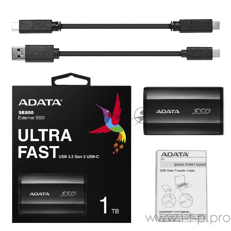 Накопитель внешний 1.8 1TB ADATA SE800 Black External SSD ASE800-1TU32G2-CBK USB 3.2 Gen 2 Type-C, 1000R, USB 3.2 Type-C to C cable,USB 3.2 Type-C to A cable, Quick Start Guide, Tough-IP68 dustproof and waterproof, Military-Grade shockproof, RTL