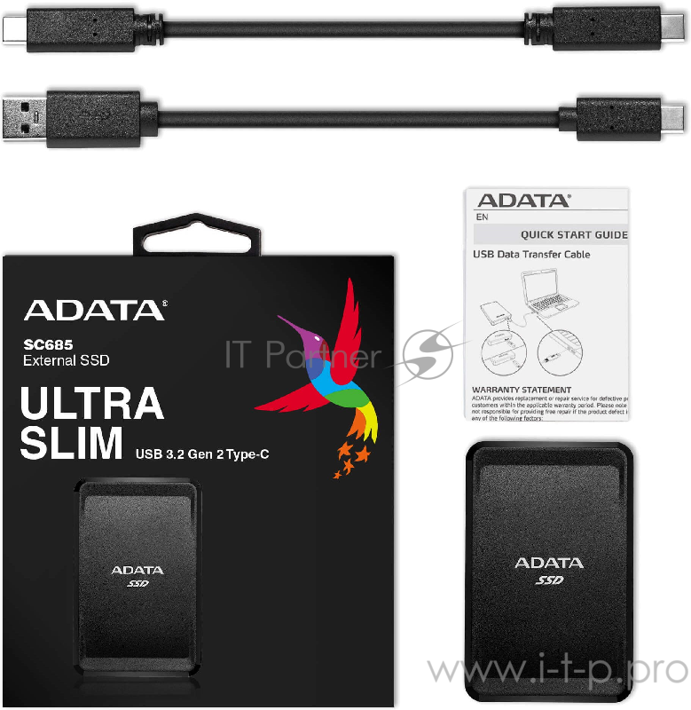Накопитель внешний 2.5 500GB ADATA SC685 Black External SSD ASC685-500GU32G2-CBK USB 3.2 Gen 2 Type-C, 530/460, USB 3.2 Type-C to C cable,USB 3.2 Type-C to A cable, Quick Start Guide, RTL