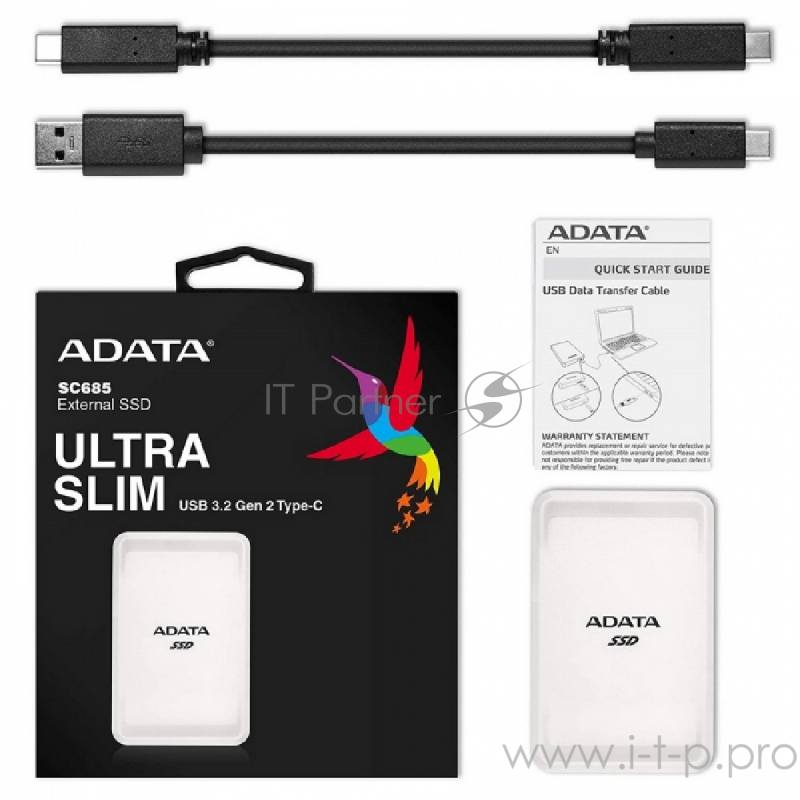 Накопитель внешний 2.5 500GB ADATA SC685 White External SSD ASC685-500GU32G2-CWH USB 3.2 Gen 2 Type-C, 530/460, USB 3.2 Type-C to C cable,USB 3.2 Type-C to A cable, Quick Start Guide, RTL