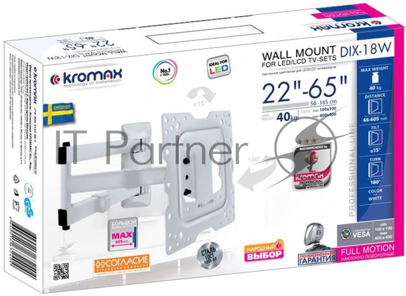 Крепеж Kromax DIX-18 white, Кр. стал. наст. для TV 22