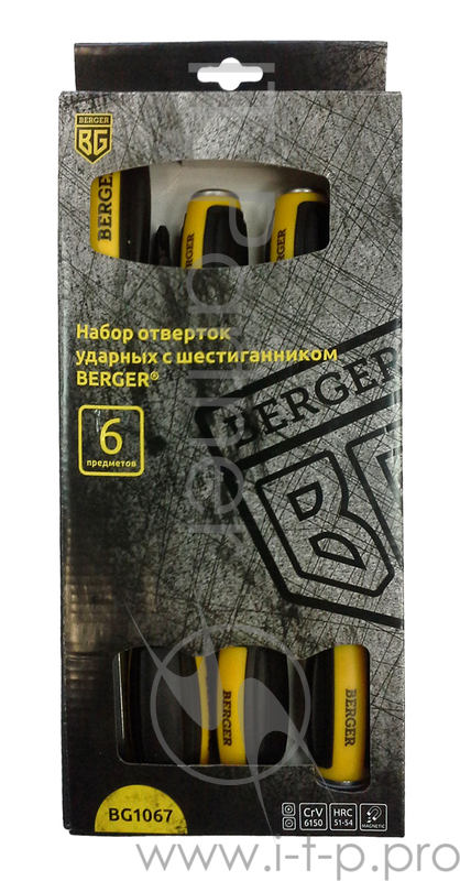 Набор отверток BERGER BG1067 ударных с шестигранником 6предметов