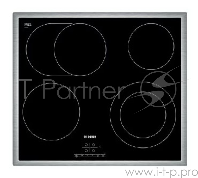 Варочная электрическая панель BOSCH PKN 645B17 (ШхГ) 58.3x51.3 см.Размеры для встраивания (ШхГ) 56x49 см.Цвет панели конфорок – черный рамки – серебристый.Материал панели стеклокерамика.Керамических конфорок 4, Hi Light 4, двухконтурных 1, с овальной