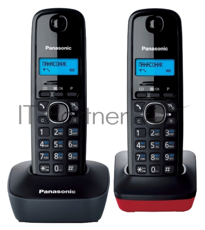 Радиотелефон Panasonic KX-TG1612RU3, DECT, с опред.номера, черно-серый + доп.трубка, черно-красный