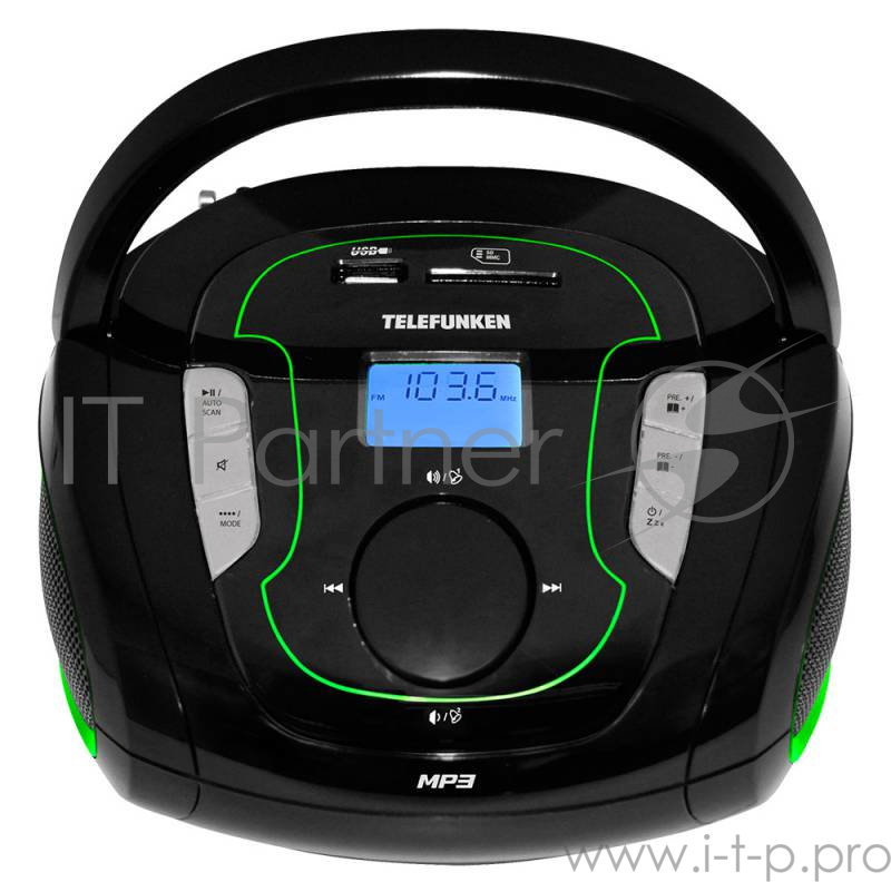 Аудиомагнитола Telefunken TF-SRP3471B черный/зеленый 2Вт/MP3/FM(dig)/USB/BT/SD