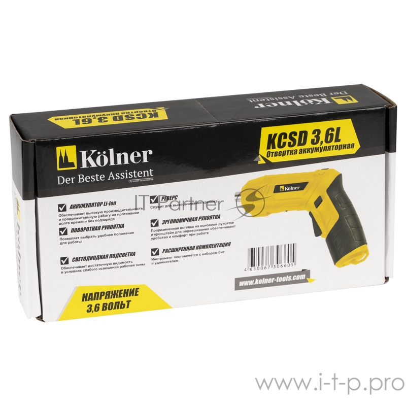 Отвертка аккумуляторная KOLNER KCSD 3,6L 3.6 Вольт, 1,3 Ач, 250 об/мин, 3 Hm