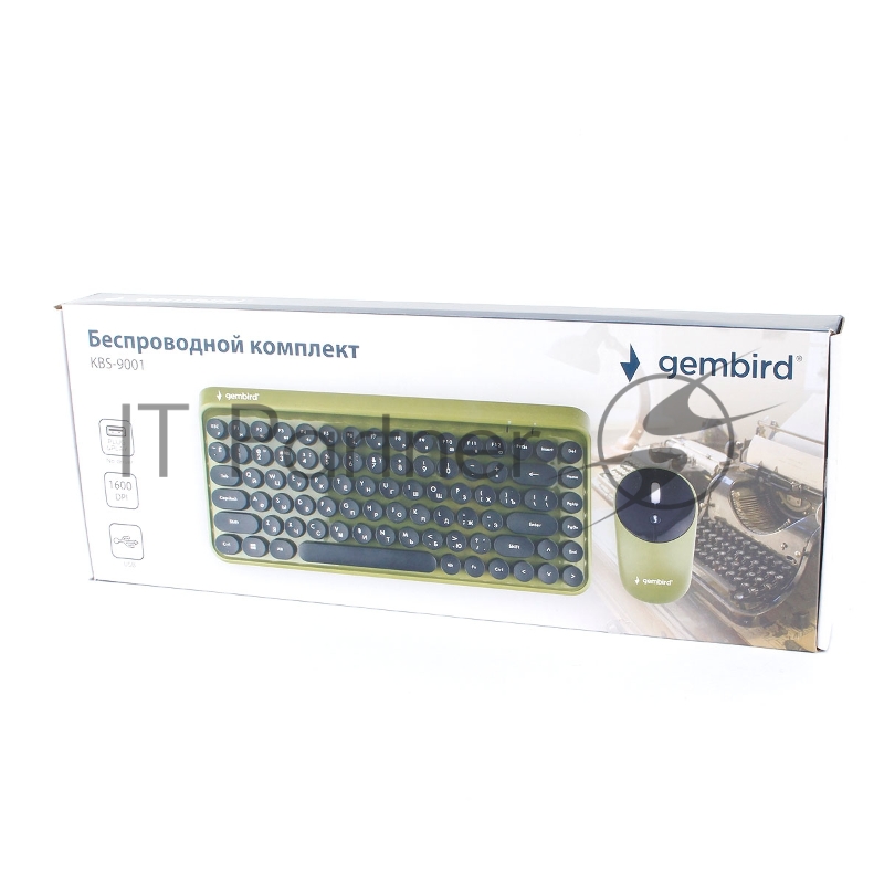 Комплект кл-ра+мышь беспров. Gembird KBS-9001, 2.4ГГц, зел., 78 кл., 1000 DPI, бат.в компл.