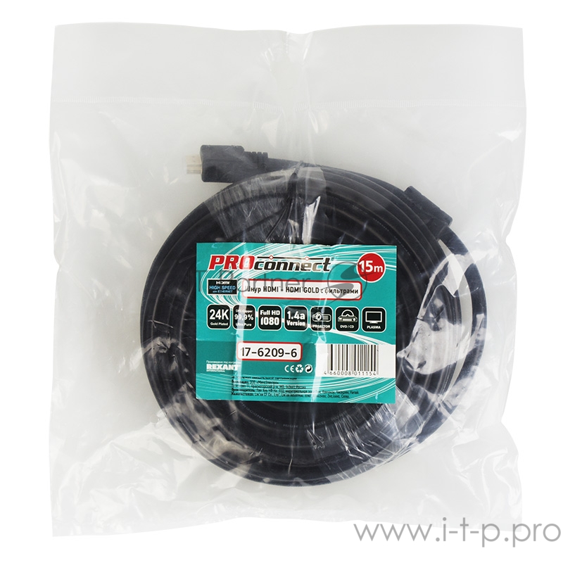 Кабель Proconnect (17-6209-6) Шнур HDMI - HDMI gold 15М с фильтрами (PE bag)