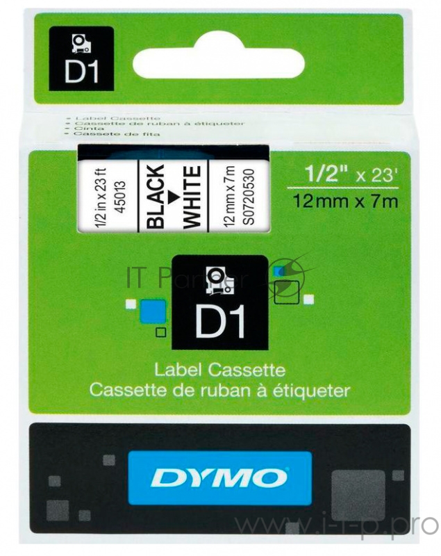 Расходные материалы Картридж с лентой 12 мм х 7 м. , пластик, черный шрифт на белом фоне S0720530