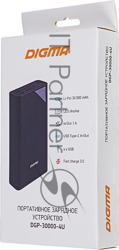 Мобильный аккумулятор Digma DGP-30000-4U Li-Pol 30000mAh 3A черный 2xUSB