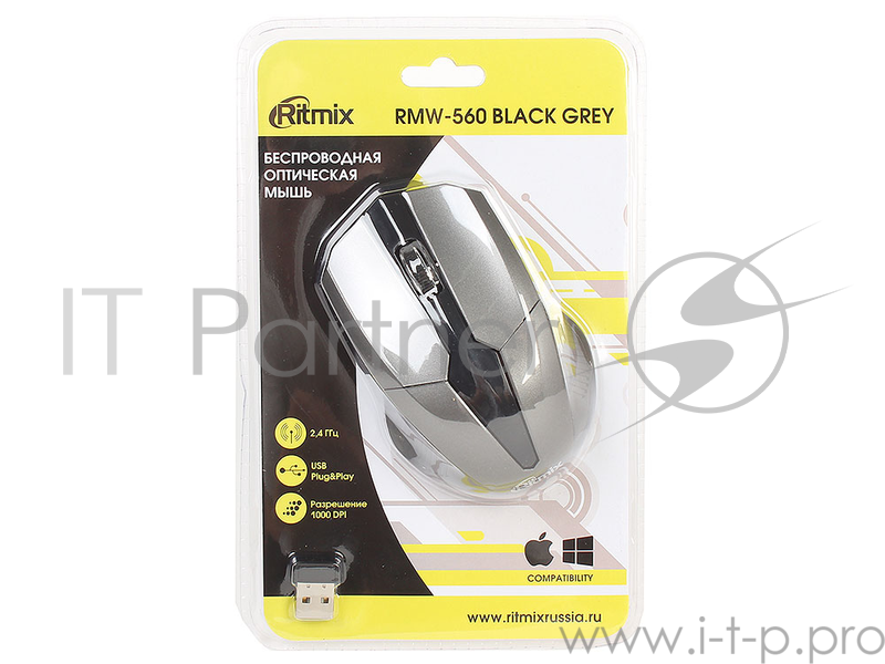 Мыши RITMIX RMW-560 Black+Gray {Беспроводная оптическая мышь, 1000DPI, 2.4 Ггц, Кнопки: 3+1 колесо, блистер}