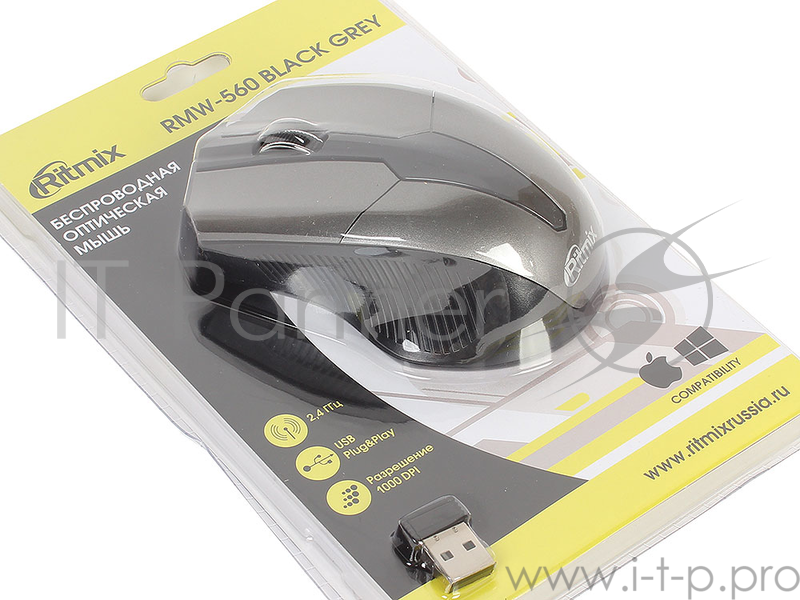 Мыши RITMIX RMW-560 Black+Gray {Беспроводная оптическая мышь, 1000DPI, 2.4 Ггц, Кнопки: 3+1 колесо, блистер}