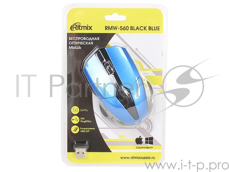 Мыши RITMIX RMW-560 Black+Blue {Беспроводная оптическая мышь, 1000DPI, 2.4 Ггц, Кнопки: 3+1 колесо, блистер}