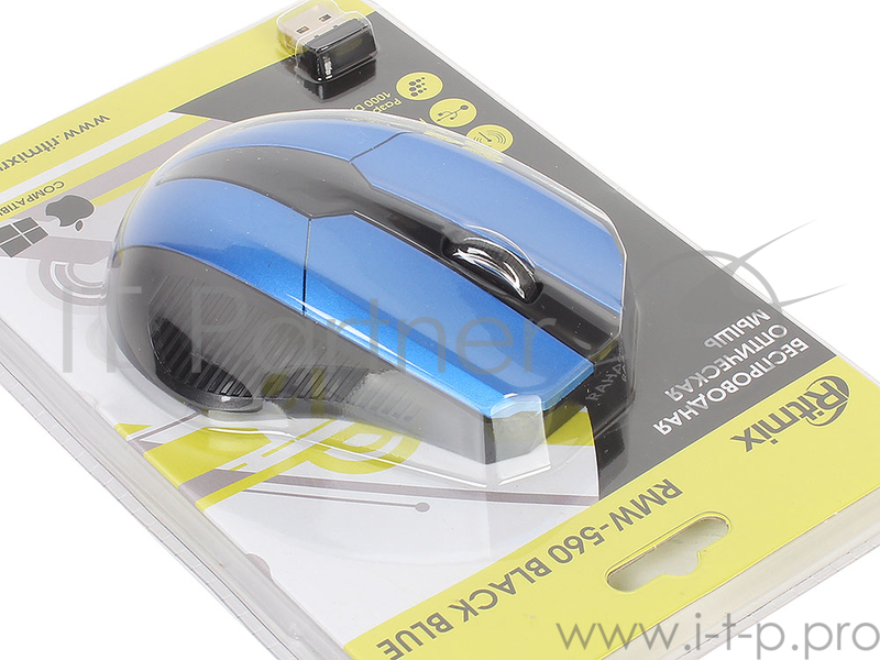 Мыши RITMIX RMW-560 Black+Blue {Беспроводная оптическая мышь, 1000DPI, 2.4 Ггц, Кнопки: 3+1 колесо, блистер}