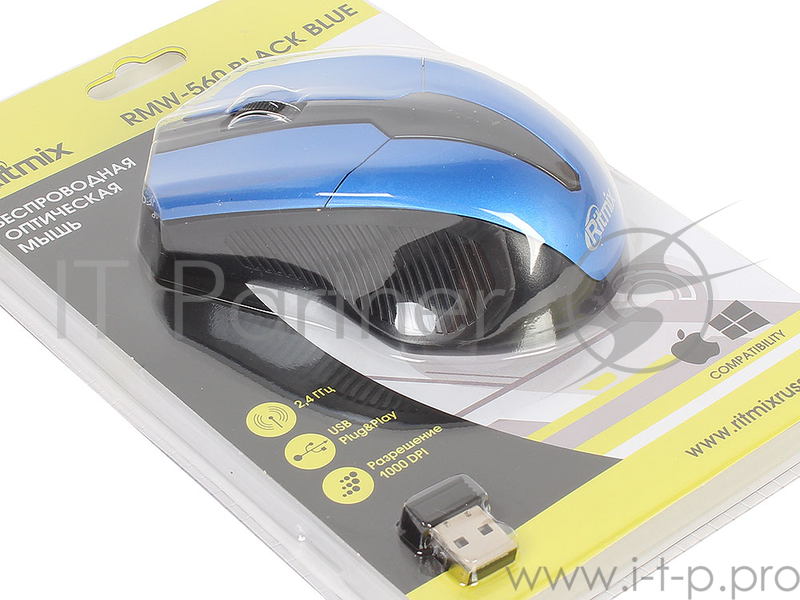 Мыши RITMIX RMW-560 Black+Blue {Беспроводная оптическая мышь, 1000DPI, 2.4 Ггц, Кнопки: 3+1 колесо, блистер}