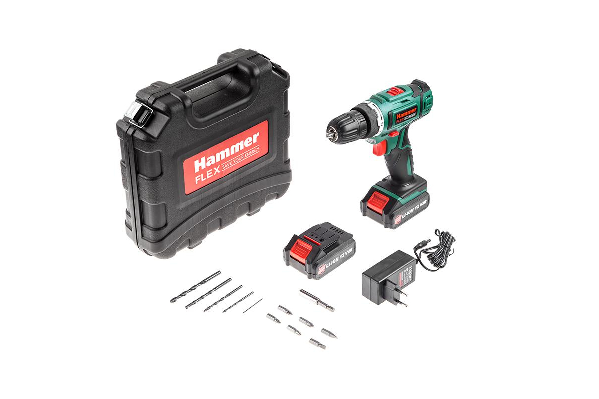 Дрель, Шуруповерт Hammer Flex ACD125Li акк. Дрель шуруповерт 356041 {12В 2x1.3Ач LiION 10мм 0-400/0-1450об/мин 23/13Нм, в кейсе }