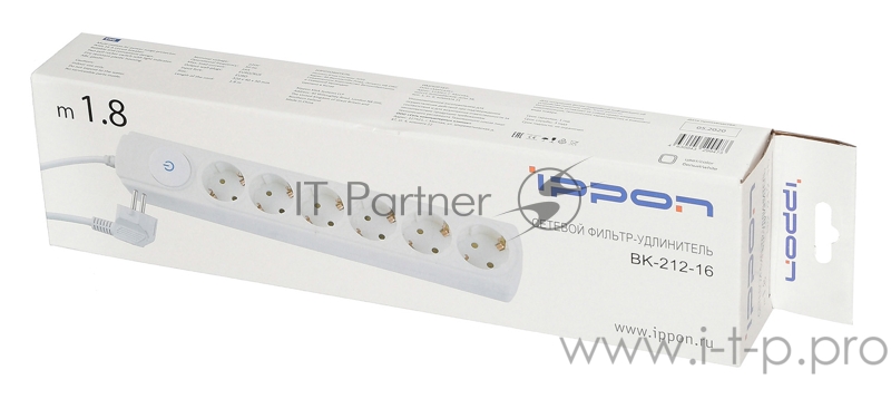 Сетевой фильтр Ippon BK212-16 1.8м (6 розеток) белый (коробка)