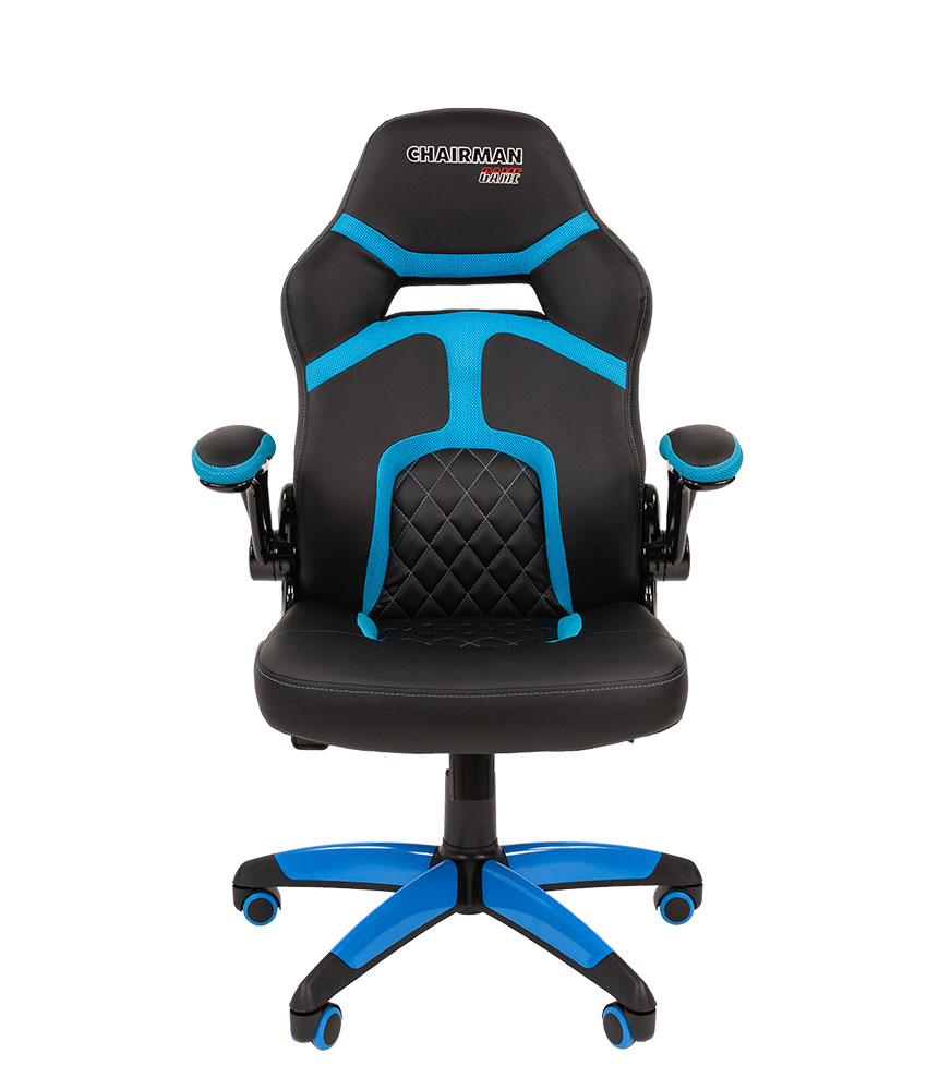 Игровое кресло Chairman game 18 чёрное/голубое (Экокожа/Ткань TW, пластик, газпатрон 3 кл, ролики, механизм качания)