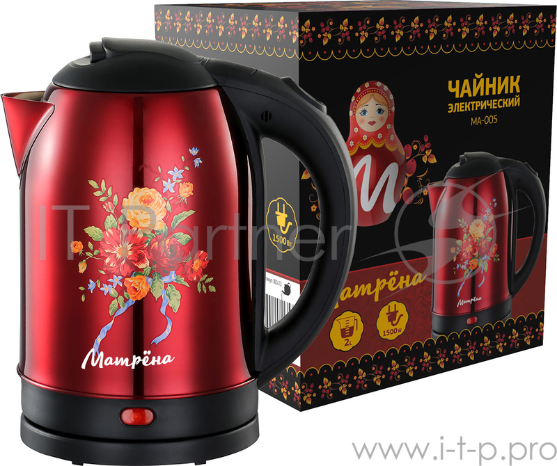 Чайник Матрена MA-005 электрический (2,0 л) стальной красный хохлома