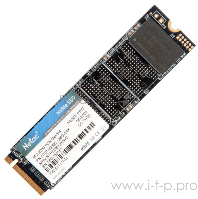 Накопитель SSD M.2 Netac 128Gb N930E Pro Series <NT01N930E-128G-E4X> Retail (PCI-E 3.1 x4, up to 970/650MBs, 3D TLC/QLC, NVMe 1.3, 22х80mm)