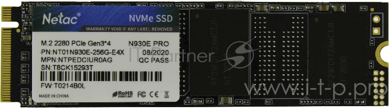 Накопитель SSD M.2 Netac 256Gb N930E Pro Series <NT01N930E-256G-E4X> Retail (PCI-E 3.1 x4, up to 2040/1270MBs, 3D TLC/QLC, NVMe 1.3, 22х80mm)