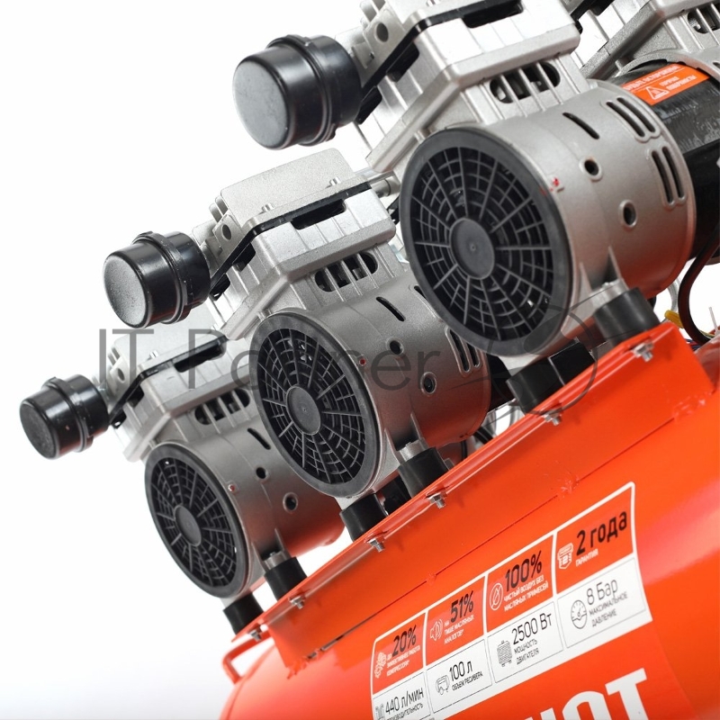 Компрессор Patriot поршневой безмасляный WO 100-440, 440 л/мин, 8 бар, 2500 Вт, 100 л, быстросъем и елочка с вентилем