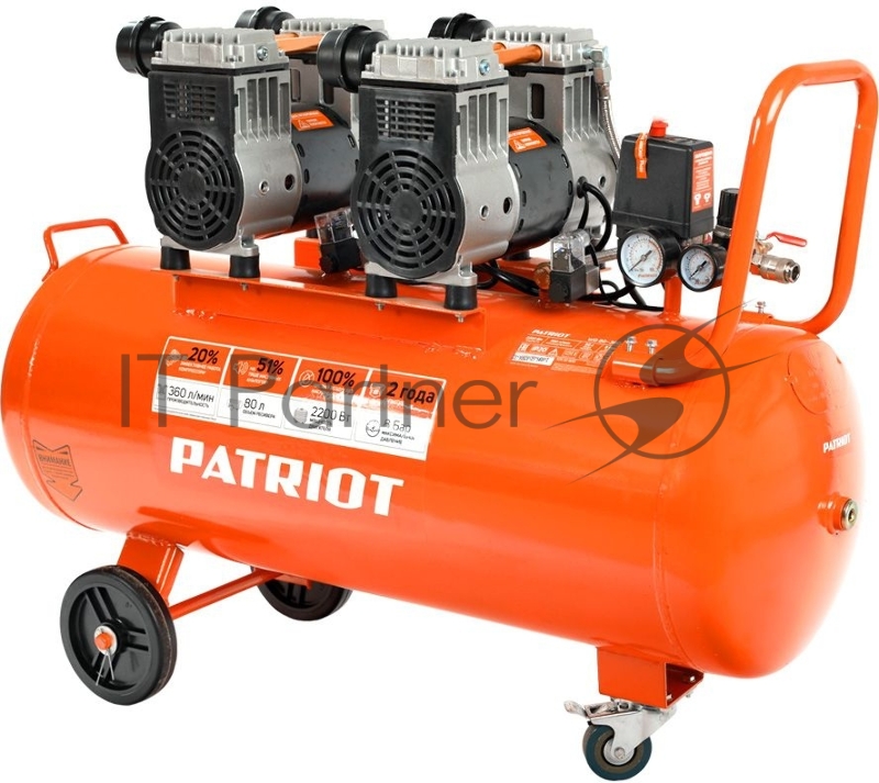Компрессор Patriot поршневой безмасляный WO 80-360, 360 л/мин, 8 бар, 2200 Вт, 80 л, быстросъем и елочка с вентилем