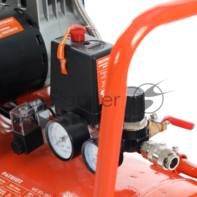 Компрессор Patriot поршневой безмасляный WO 80-360, 360 л/мин, 8 бар, 2200 Вт, 80 л, быстросъем и елочка с вентилем