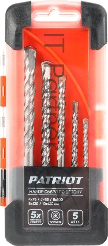 Набор сверл по бетону PATRIOT, 5 шт:4x75мм, 5x85мм, 6x100мм, 8x120мм, 10x120мм, в боксе