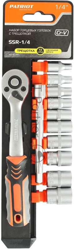 Набор торцовых головок PATRIOT SSR-1/4, CrV сталь, трещотка, удлинитель, 12 предм.Тороцовые головки 10 шт: 4,5,6,7,8,9,10,11,12,13 мм удлинитель 100мм 1шт трещотка 72 зуба 1 шт