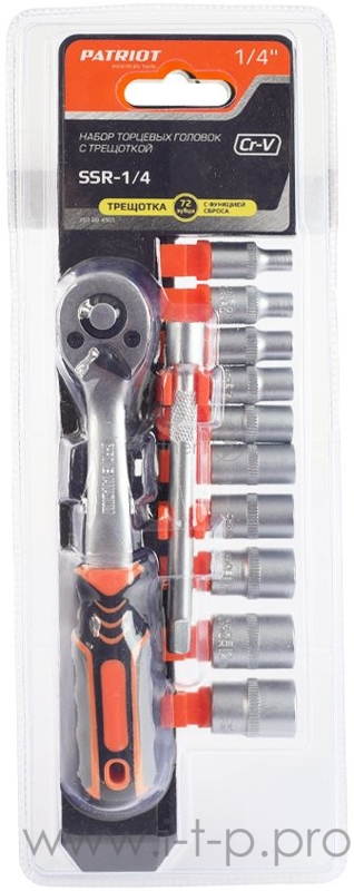 Набор торцовых головок PATRIOT SSR-1/4, CrV сталь, трещотка, удлинитель, 12 предм.Тороцовые головки 10 шт: 4,5,6,7,8,9,10,11,12,13 мм удлинитель 100мм 1шт трещотка 72 зуба 1 шт