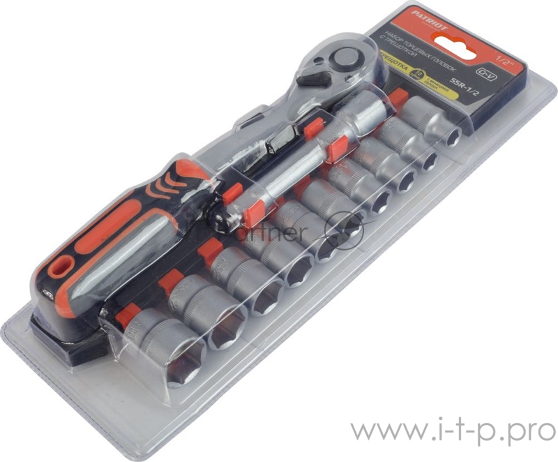 Набор торцовых головок PATRIOT SSR-1/2, CrV сталь, трещотка, удлинитель, 12 предм.Тороцовые головки 10 шт: 10,11,12,13,14,15,17,19,22,24мм удлинитель 125мм 1шт трещотка 72 зуба 1 шт