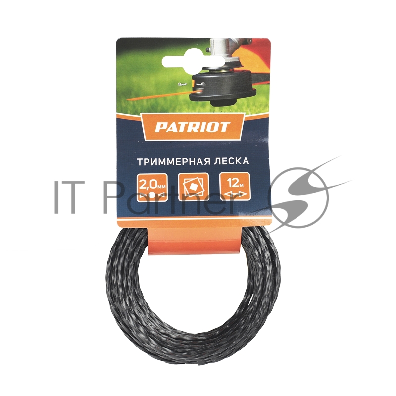 Леска PATRIOT D 2,0 мм L 12 м (скрученный квадрат, черный) 200-12-5, картонный подвес