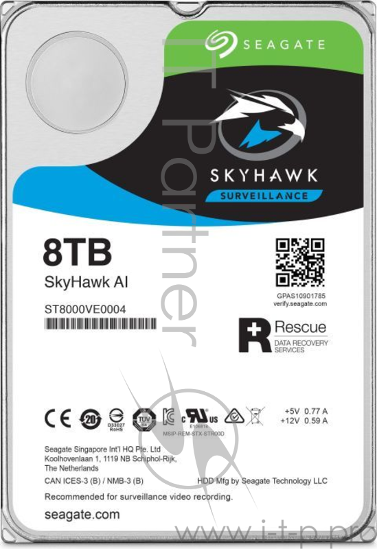 Жесткий диск 8TB Seagate SkyHawk (ST8000VE0004) {SATA 6 Гбит/с, 7200 rpm, 256 mb buffer,3.5, для видеонаблюдения c искусственным интеллектом}