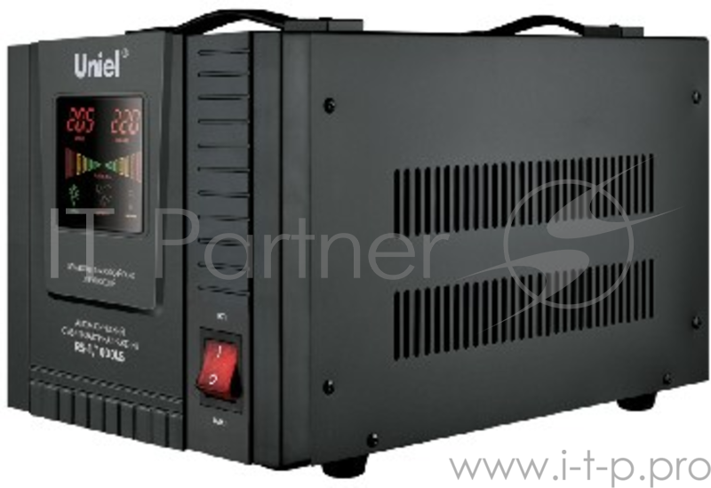 Стабилизатор напряжения UNIEL (9497) RS-1/1000LS напольный, 70-275 В, 1000ВА(Однофазный электронны(релейный) стабилизатор,цифровой дисплей,номинальная мощность 1,0кВА,диапазон входного напряжения 70-275В,выходное напряжение 220+/-10%В,частота 50/60Гц