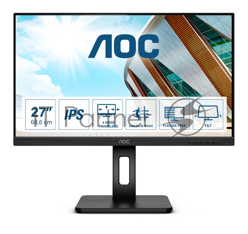 МОНИТОР 27 AOC 27P2Q Black с поворотом экрана (IPS, 1920x1080, 75Hz, 4 ms, 178°/178°, 250 cd/m, 50M:1, +DVI, +HDMI, +Di