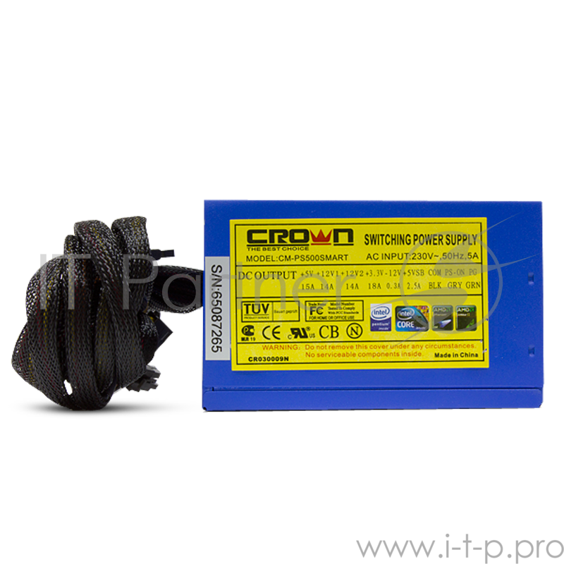Блок питания CROWN Блок питания CM-PS500W smart (20+4in, 140mm FAN, SATA*4, PATA(big Molex)*4, FDD*1, 4+4pin, 6pin PCI-E*1, Lines 2x12V OEM)