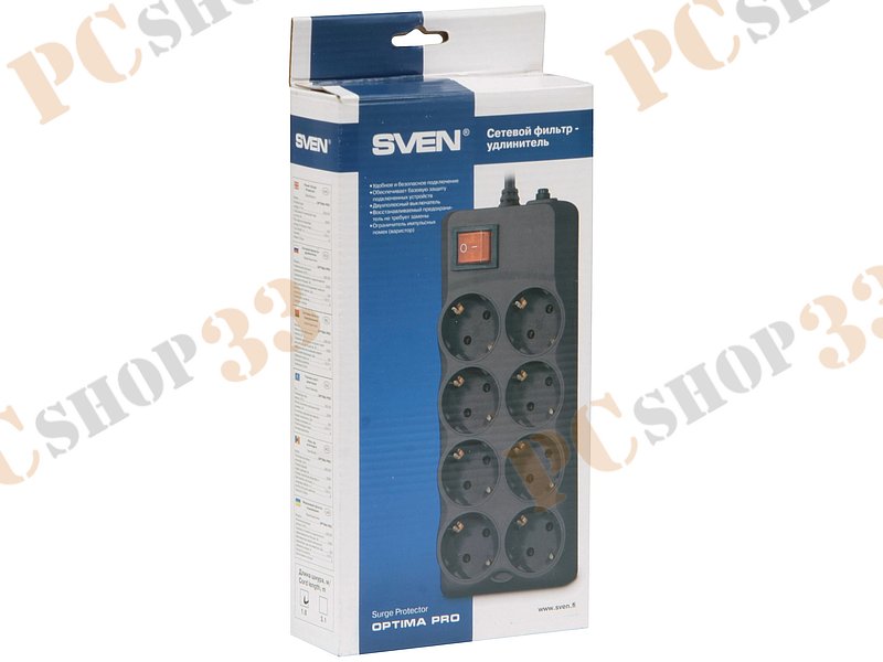 Сетевой фильтр на 8 розеток Sven Optima Pro, черный (1.8м)