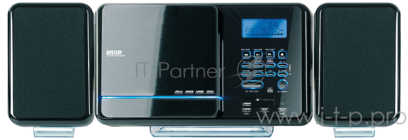 Микросистема DVD/CDMP3 Mystery MMK-575U black (CD/MP3-стереосистема, 2х7.5 Вт, AM/FM тюнер, USB-порт, SD-слот, линейный вход, часы/таймер/автоотключение, разъем для наушников, пульт, возможность крепиться на стене)