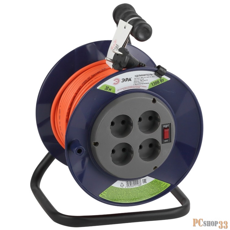 Удлинитель силовой Эра RPx-4s-2x0.75-30m (Б0043048) 2x0.75кв.мм 4розет. 30м ПВС 6A катушка оранжевый