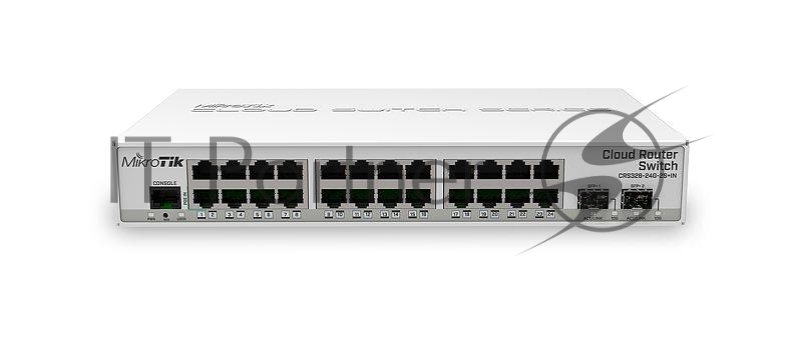 CRS326-24G-2S+IN with 800 MHz CPU, 512MB RAM, 24xGigabit LAN, 2xSFP+ cages, RouterOS L5 or SwitchOS (dual boot), desktop case, PSU