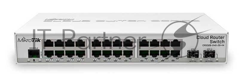 CRS326-24G-2S+IN with 800 MHz CPU, 512MB RAM, 24xGigabit LAN, 2xSFP+ cages, RouterOS L5 or SwitchOS (dual boot), desktop case, PSU